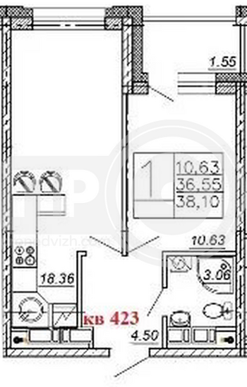 Миниатюра 1-комнатная квартира, 38.1кв.м