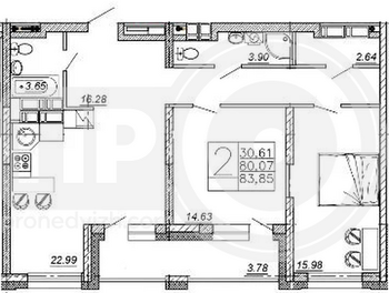 Миниатюра 2-комнатная квартира, 83.85кв.м