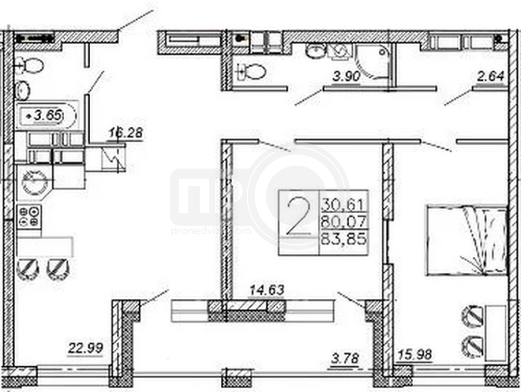 2-комнатная квартира, 83.85кв.м