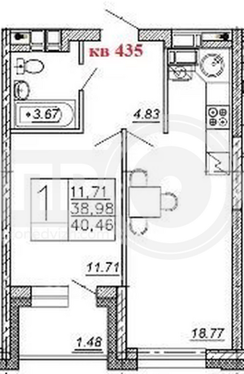 Миниатюра 1-комнатная квартира, 40.46кв.м
