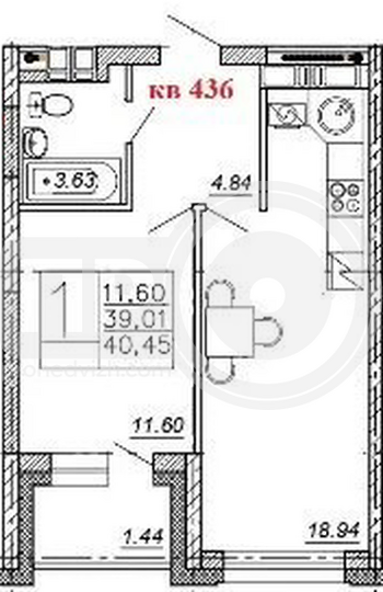 Миниатюра 1-комнатная квартира, 40.45кв.м