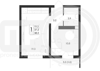 Миниатюра 1-комнатная квартира, 38.2кв.м
