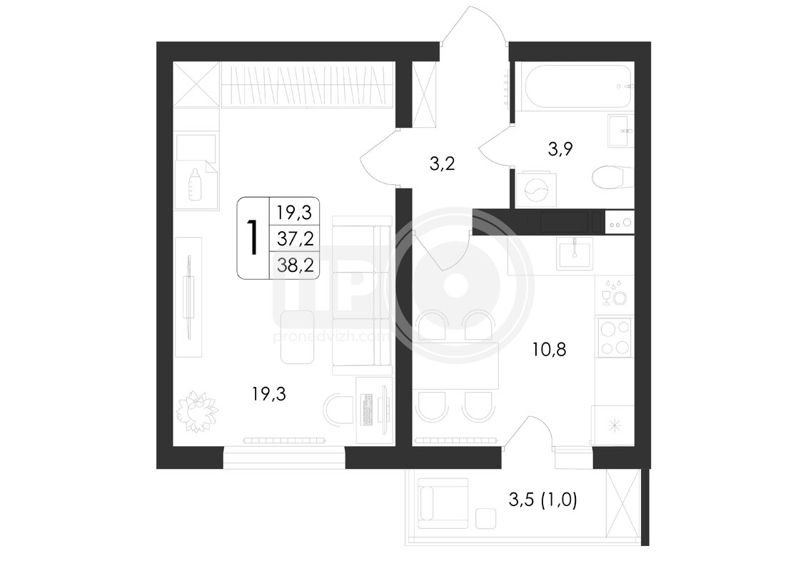 1-комнатная квартира, 38.2кв.м