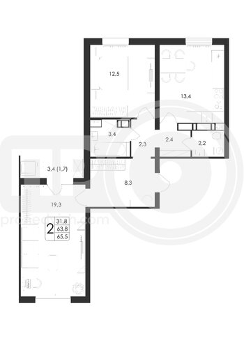 Миниатюра 2-комнатная квартира, 65.5кв.м