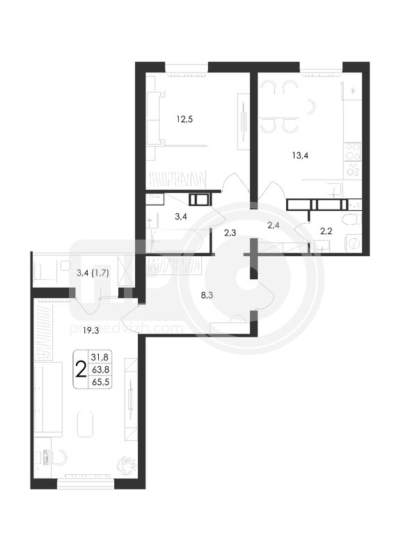 2-комнатная квартира, 65.5кв.м