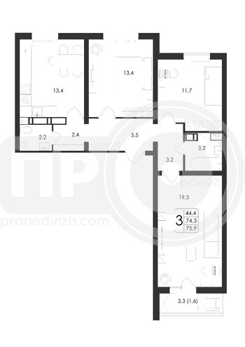 Миниатюра 3-комнатная квартира, 75.9кв.м