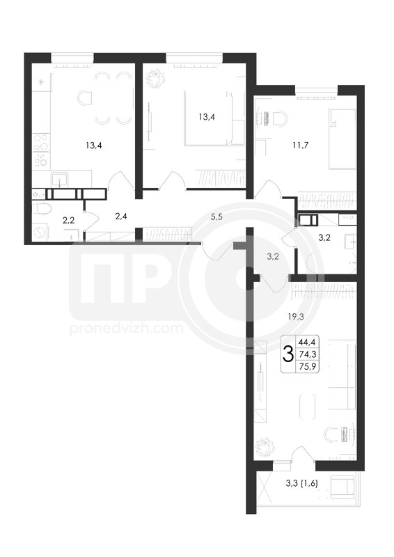 3-комнатная квартира, 75.9кв.м