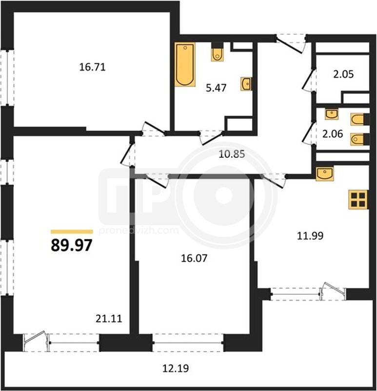 3-комнатная квартира, 89.97кв.м