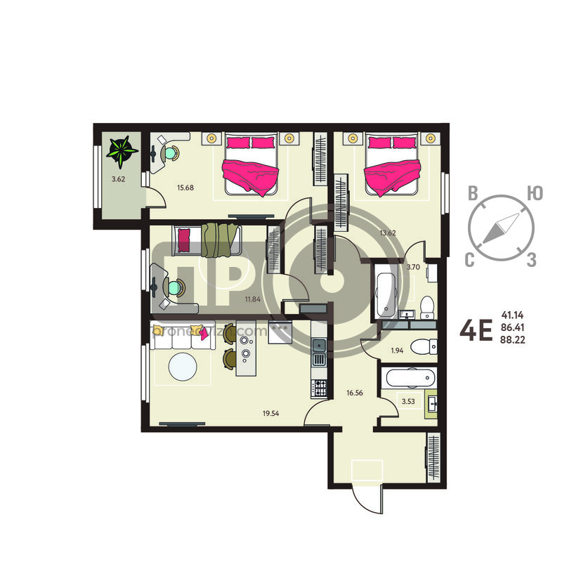 3-комнатная квартира, 88.22кв.м
