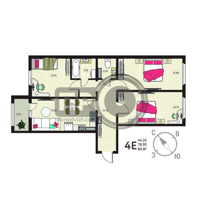 3-комнатная квартира, 80.81кв.м