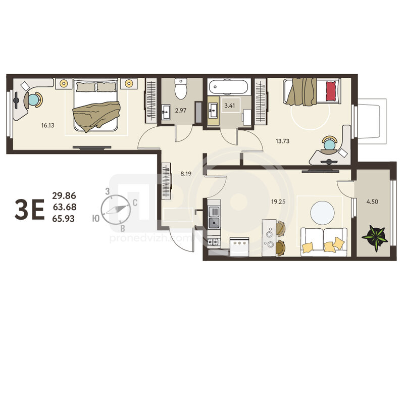 2-комнатная квартира, 65.93кв.м