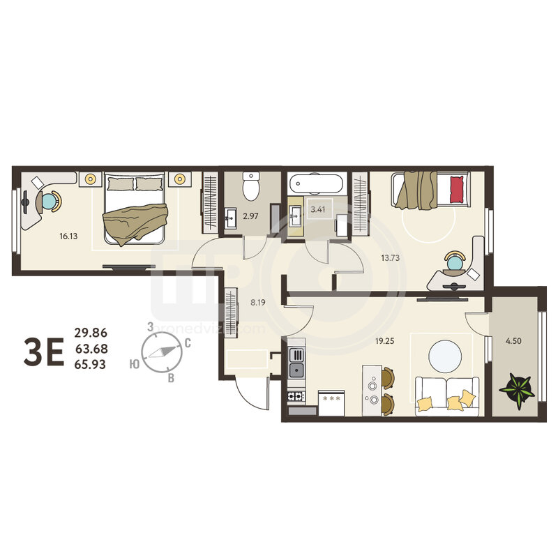 2-комнатная квартира, 65.93кв.м