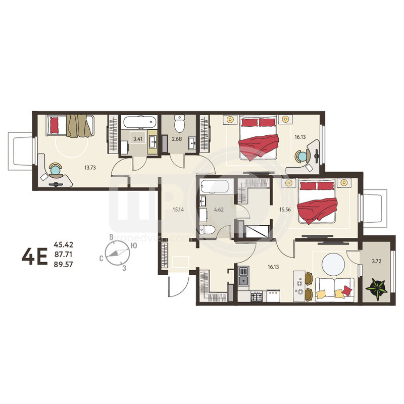 3-комнатная квартира, 89.24кв.м
