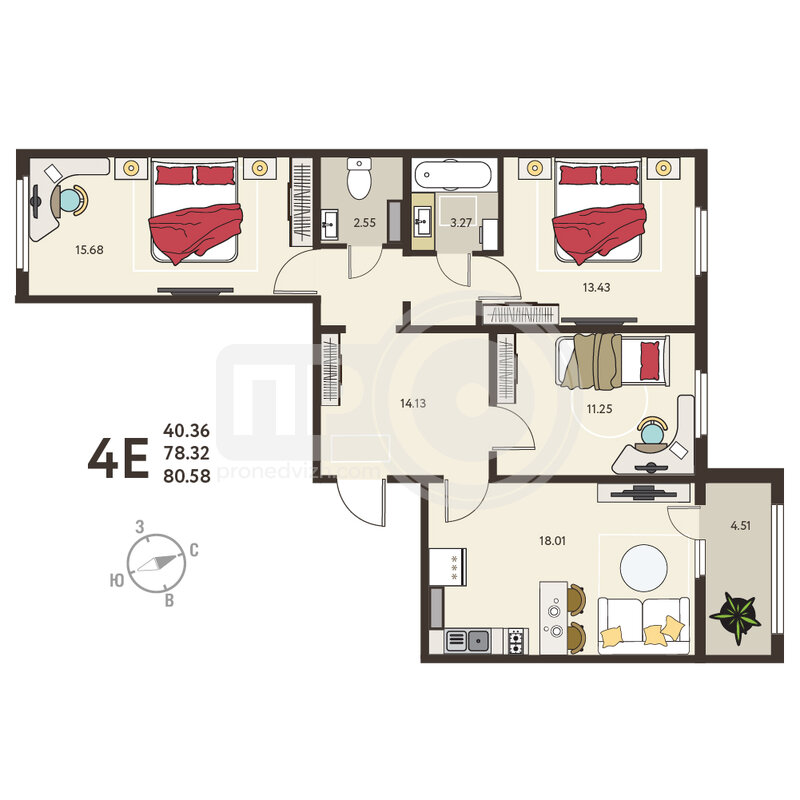 3-комнатная квартира, 80.58кв.м