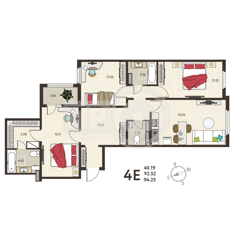 3-комнатная квартира, 94.25кв.м