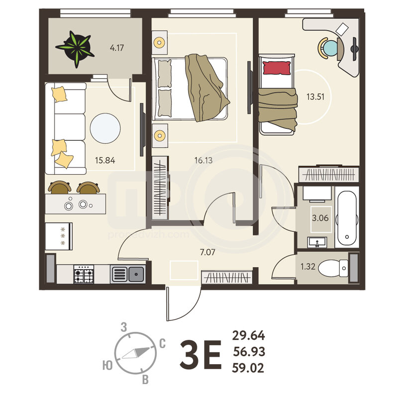 2-комнатная квартира, 59.02кв.м