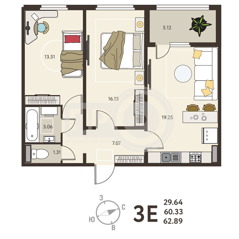 2-комнатная квартира, 62.89кв.м