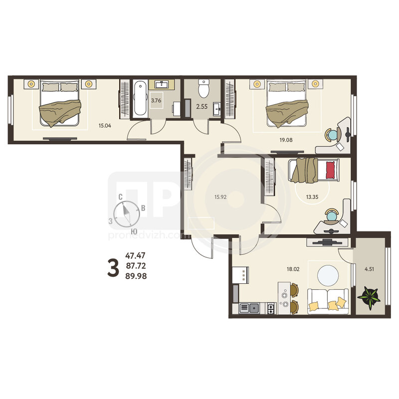 3-комнатная квартира, 89.98кв.м