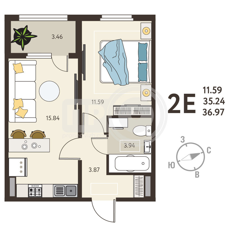 1-комнатная квартира, 36.97кв.м