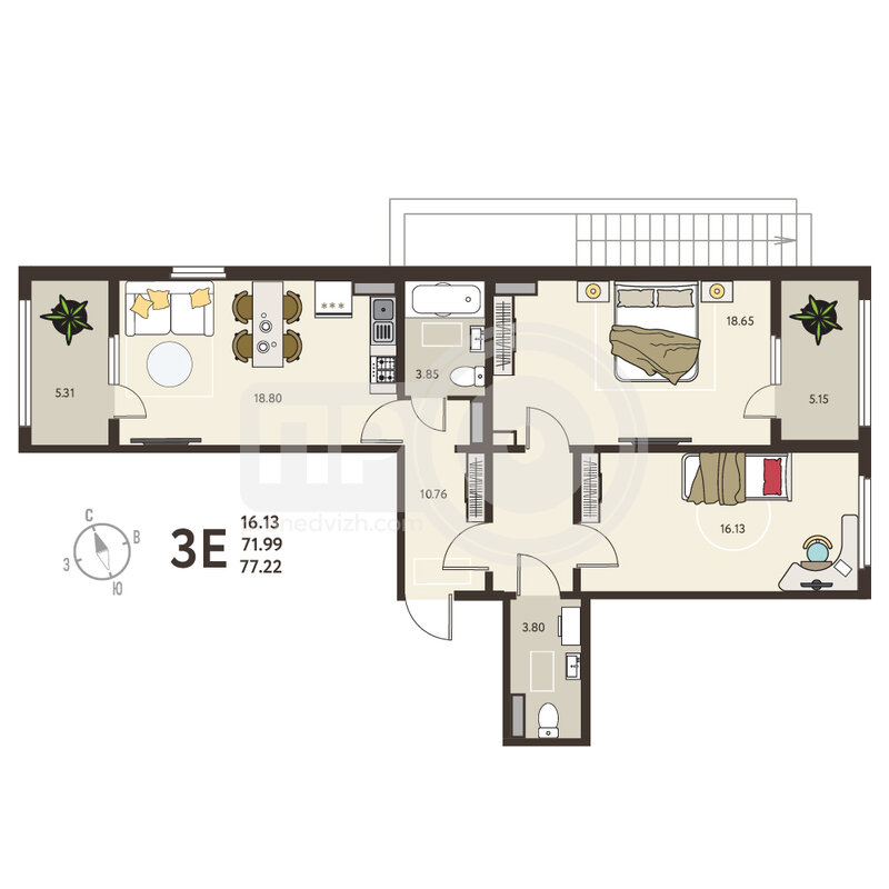 2-комнатная квартира, 77.22кв.м