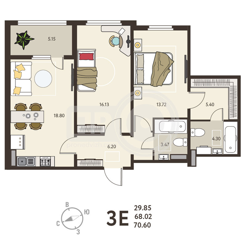 2-комнатная квартира, 70.6кв.м