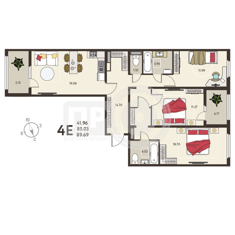 3-комнатная квартира, 89.69кв.м
