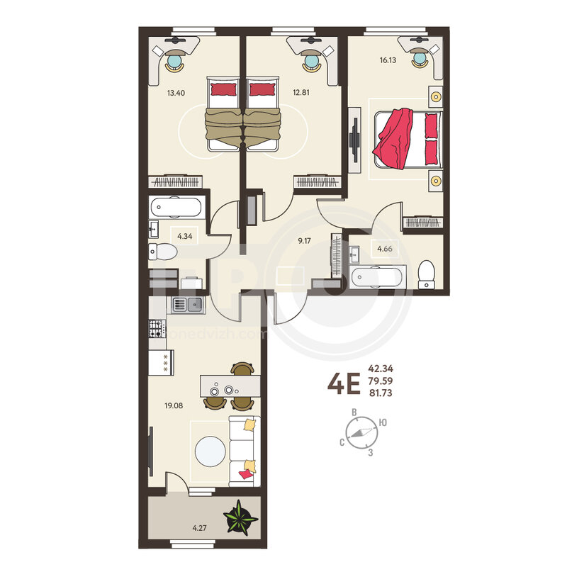 3-комнатная квартира, 81.73кв.м