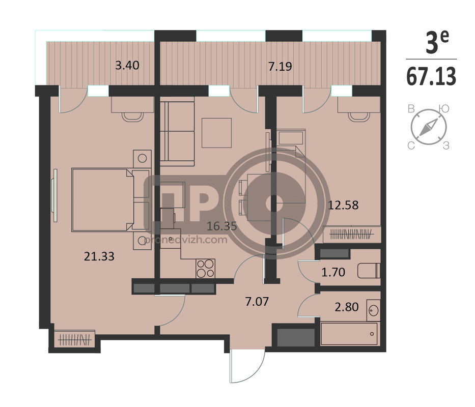 2-комнатная квартира, 67.13кв.м