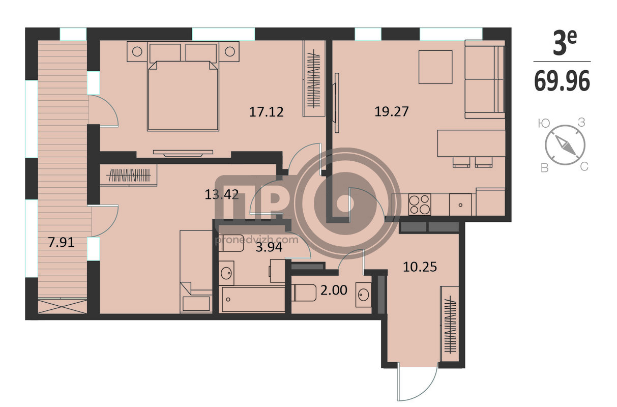 2-комнатная квартира, 69.96кв.м
