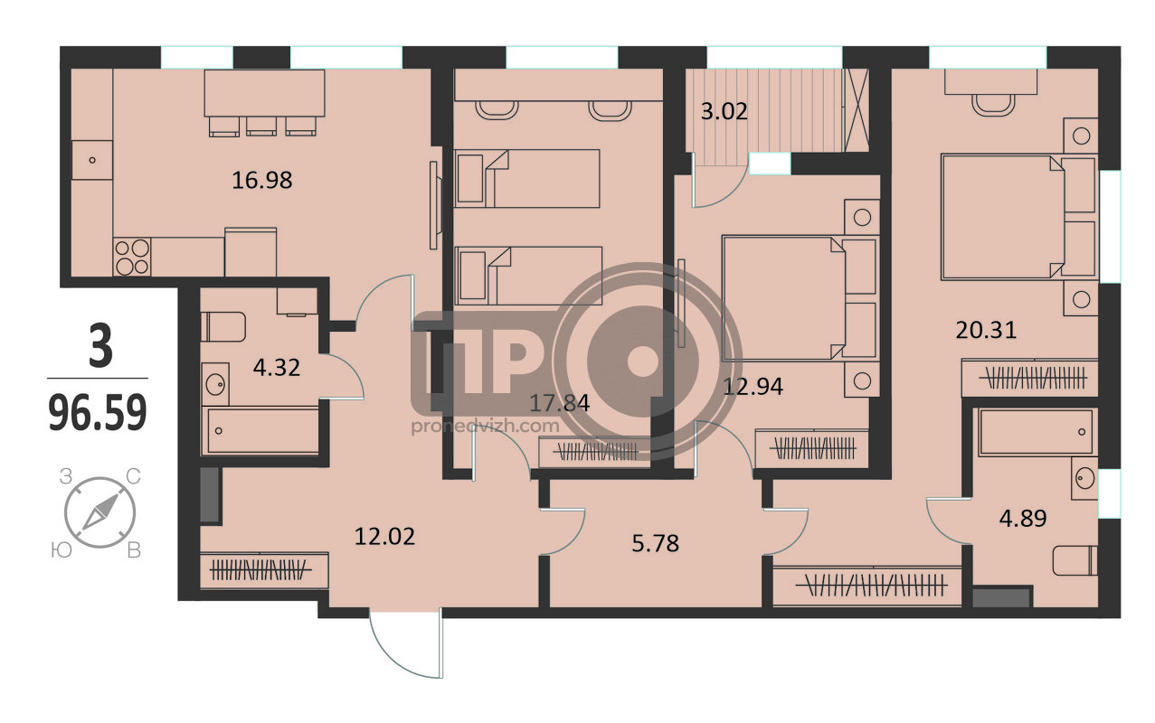 3-комнатная квартира, 96.59кв.м