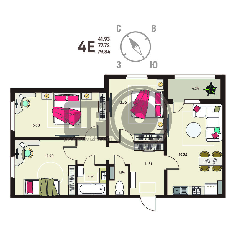 3-комнатная квартира, 79.84кв.м
