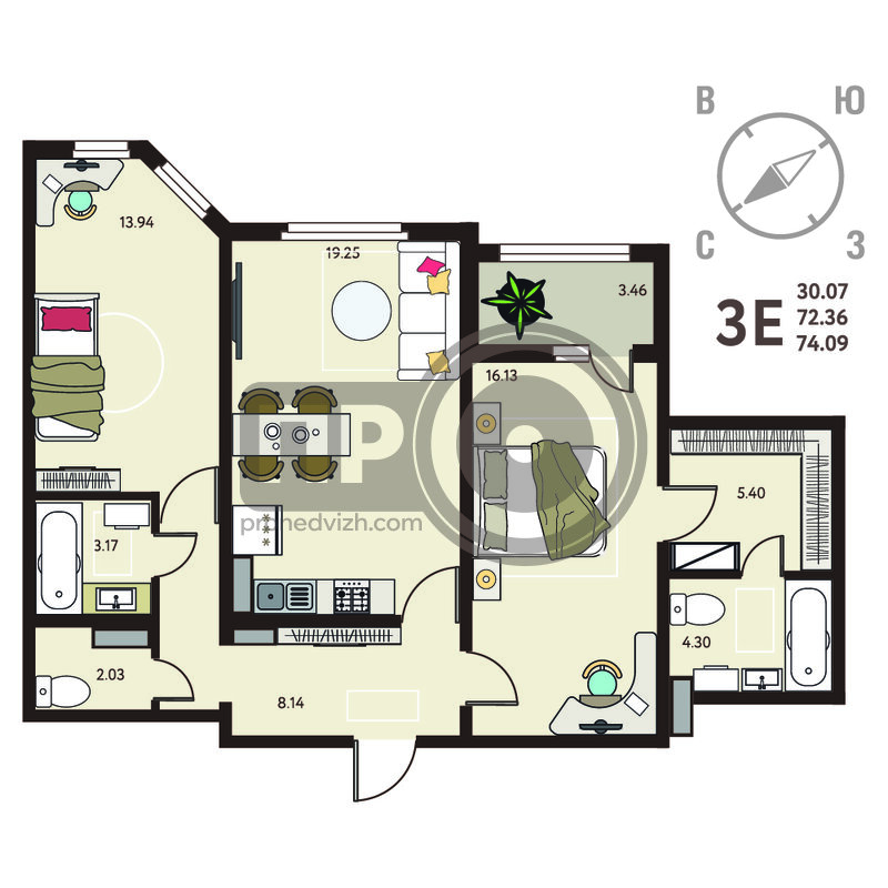 2-комнатная квартира, 74.09кв.м