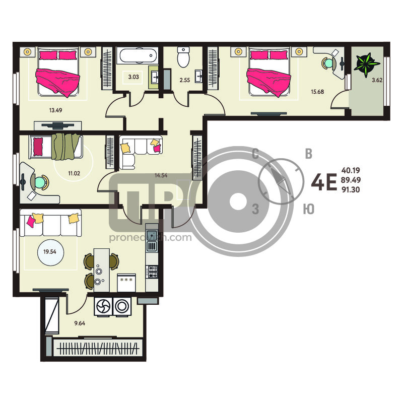 3-комнатная квартира, 91.3кв.м