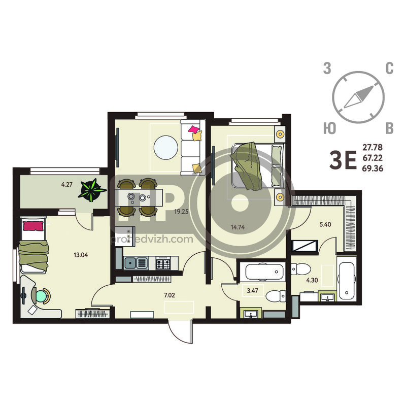 2-комнатная квартира, 69.36кв.м