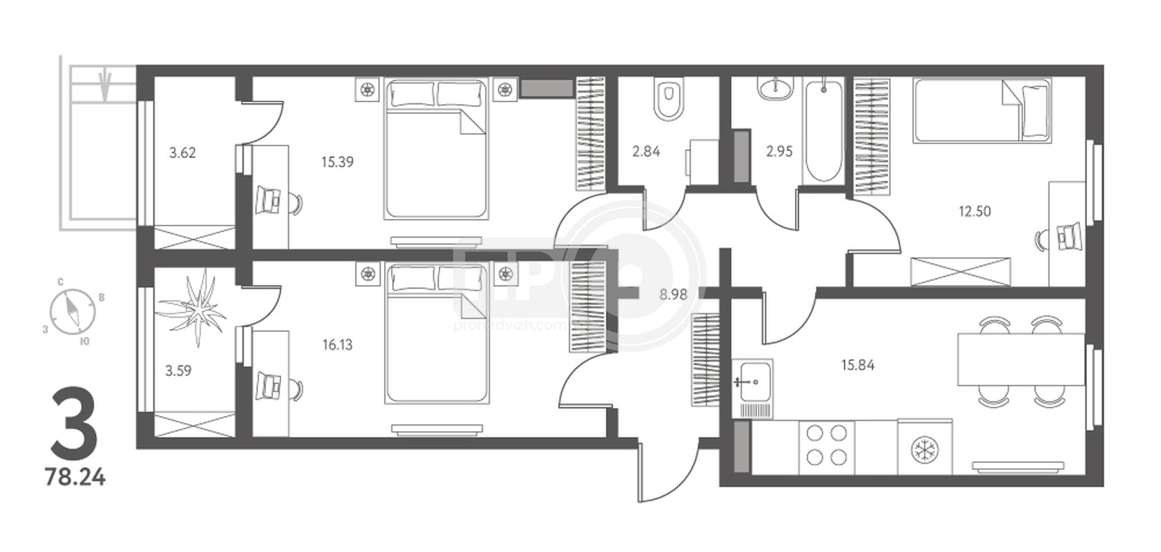 2-комнатная квартира, 78.24кв.м