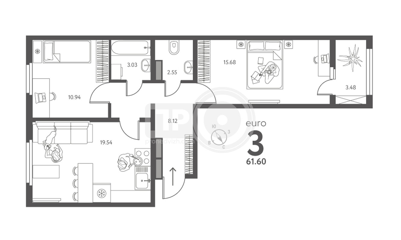 2-комнатная квартира, 61.6кв.м