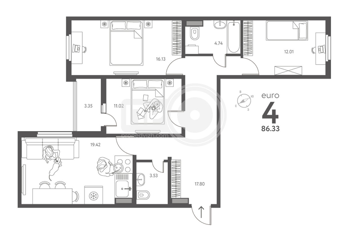 3-комнатная квартира, 86.33кв.м