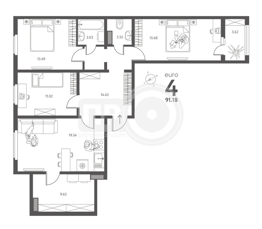 3-комнатная квартира, 91.18кв.м