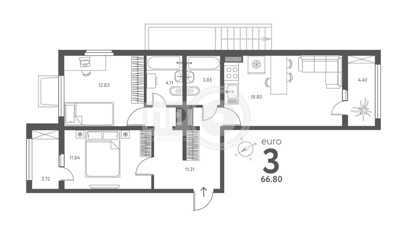 2-комнатная квартира, 66.8кв.м