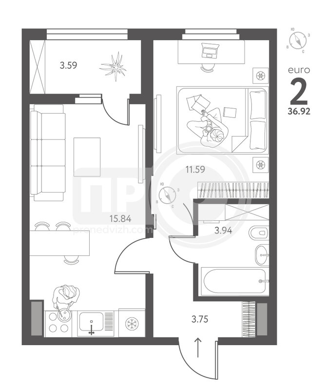 1-комнатная квартира, 36.92кв.м