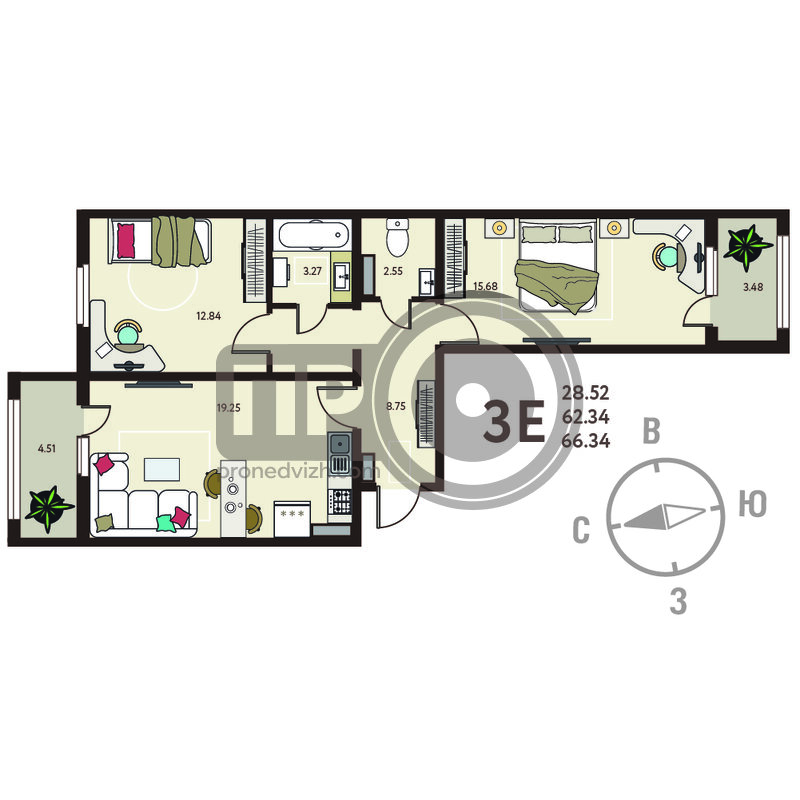2-комнатная квартира, 66.34кв.м