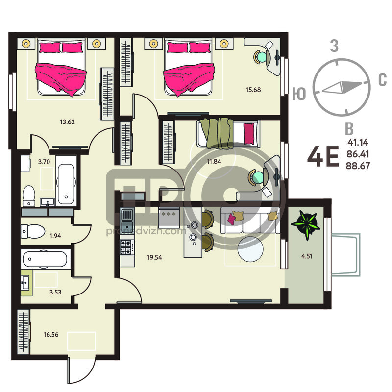3-комнатная квартира, 88.67кв.м