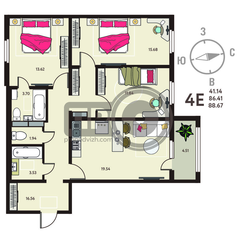 3-комнатная квартира, 88.67кв.м