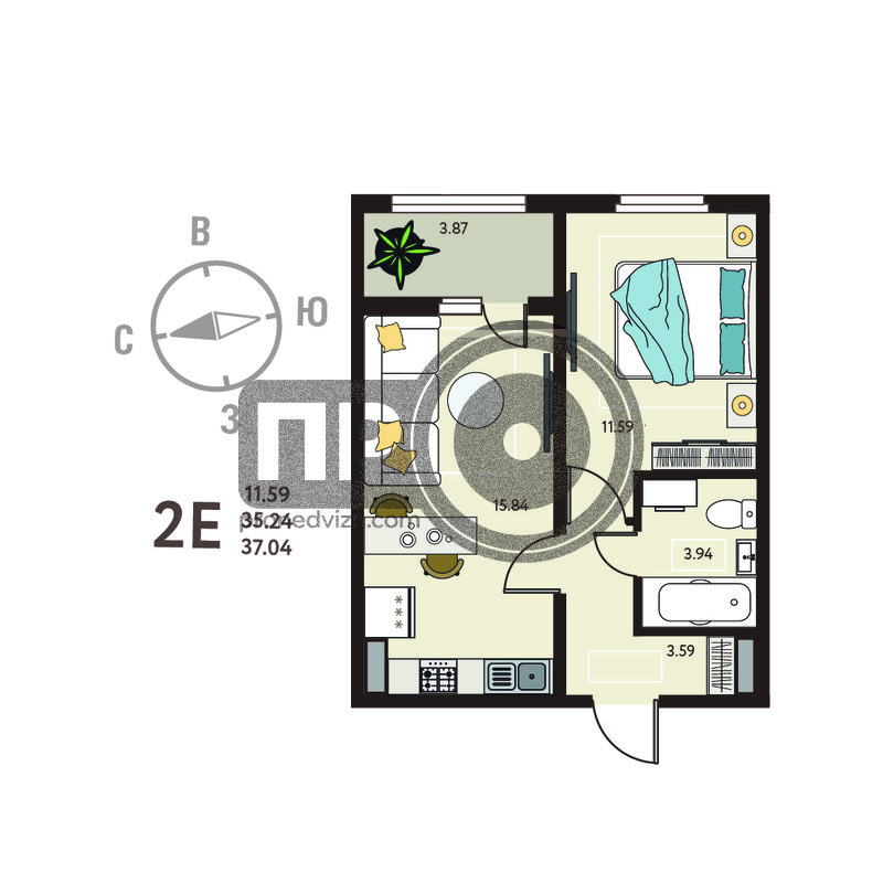1-комнатная квартира, 37.04кв.м