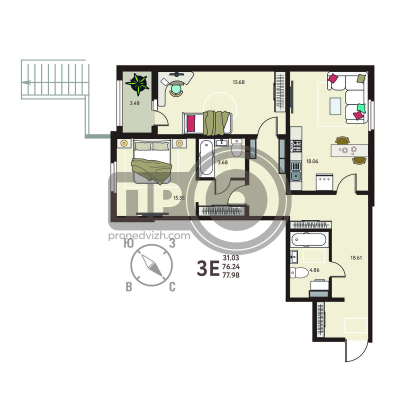 2-комнатная квартира, 77.98кв.м