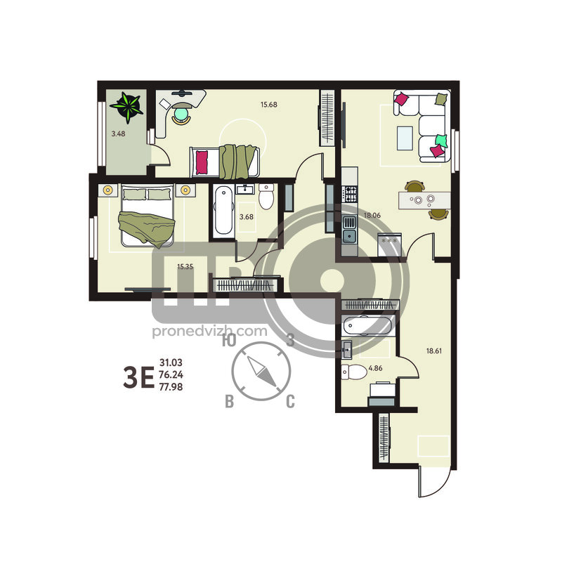 2-комнатная квартира, 77.98кв.м