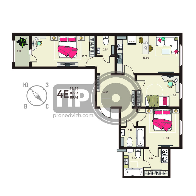 3-комнатная квартира, 89.41кв.м