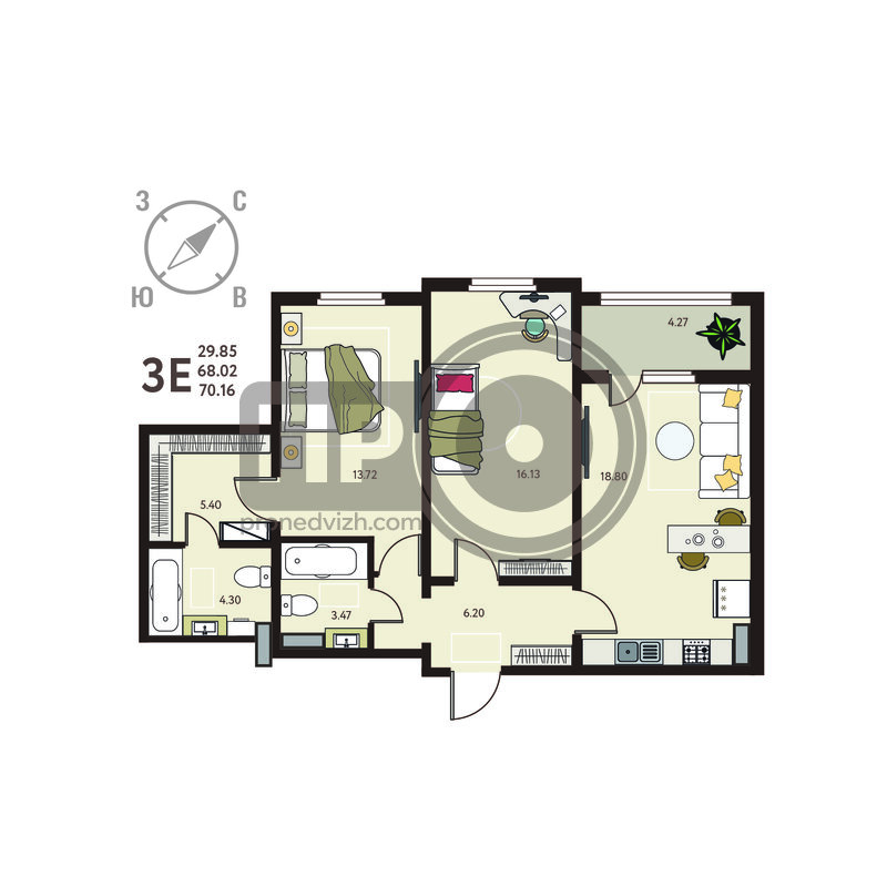 2-комнатная квартира, 70.16кв.м