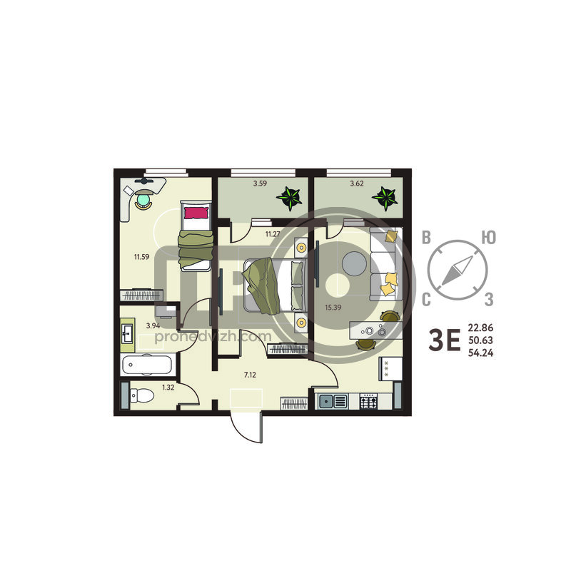 2-комнатная квартира, 54.24кв.м