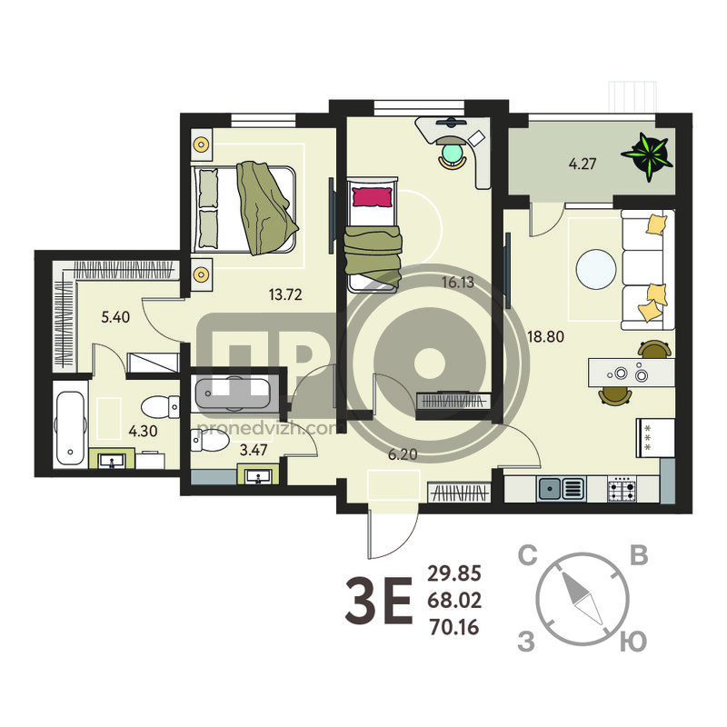 2-комнатная квартира, 70.16кв.м